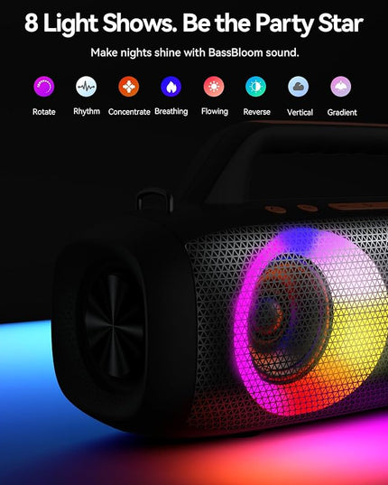 BassBloom Roar 1 Portable Bluetooth Speaker,60W Powerful Sound with Deep Bass,IPX6 Waterproof,24H Playtime,Bluetooth 5.4,RGB Party Lights,Wireless Stereo Pairing,Travel Outdoor for Camping and Beach