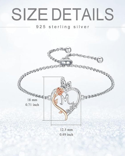 TOUPOP Gifts for Women Rose Heart Initial Bracelet 925 Sterling Silver Butterfly Letter Link Bracelet Love Jewelry Valentines Day Birthday Gifts for Her Wife Girlfriend Mom