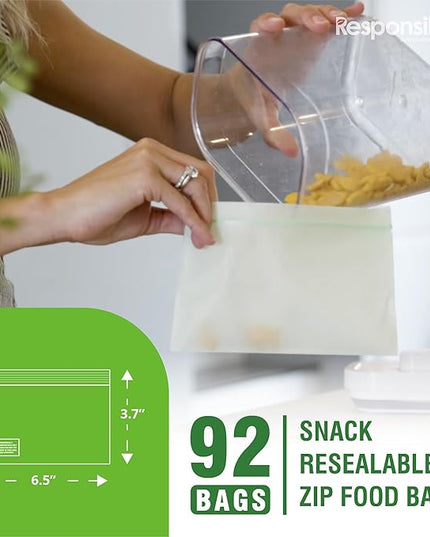 Responsible Products Certified Compostable SNACK Resealable Zip Bag, Extra Strength Food Bags, Plant-Based Freezer-Safe (92 Pack)