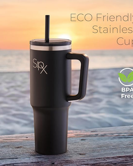 SIPX™ 40 oz Insulated Tumbler with Handle & Straw – Vacuum Insulated Stainless Steel, Leakproof, Cupholder Friendly – Perfect for Iced Coffee, Water & Travel – Black