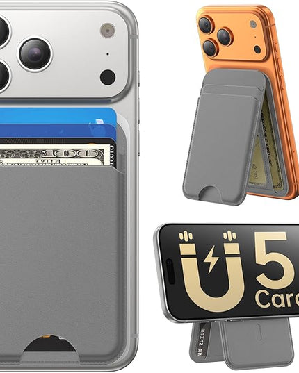 Fanseesy for MagSafe Wallet with Stand, 5 Card Holder, Slim Leather Magnetic Wallet for iPhone 17/16/15/14/13/12 Pro Max Plus Air Series, 3 Card Slots & 1 Cash Slot,Grey