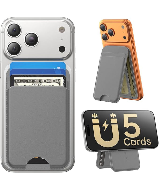 Fanseesy for MagSafe Wallet with Stand, 5 Card Holder, Slim Leather Magnetic Wallet for iPhone 17/16/15/14/13/12 Pro Max Plus Air Series, 3 Card Slots & 1 Cash Slot,Grey