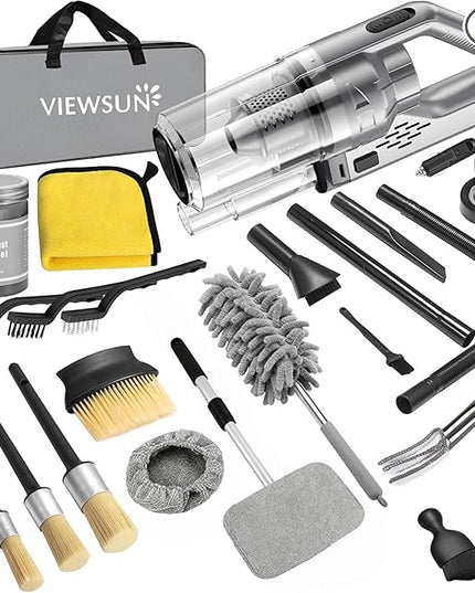 Viewsun Car Cleaning Kit, 17PCS Car Interior Detailing Kit with Gray High Power Handheld Vacuum, Detailing Brush Set, Windshield Cleaner, Cleaning Gel, Complete Auto Accessories for Men, Women