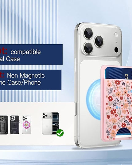 Stronger Magnetic Card Slot Wallet for iPhone 17/16/15/14/13/12 Series (Not for 13/12 Mini), Floral Pattern Hard Card Holder Fit 3 Cards Compatible with Magsafe Accessories, Pink