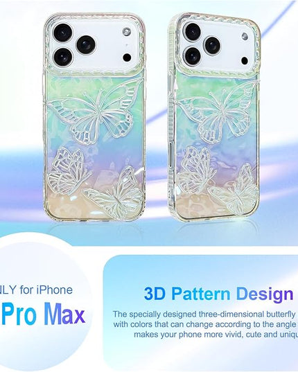 Cute Case for iPhone 17 Pro Max Case for Women Girls, with 3D Butterflies Pattern Design, Aesthetic Clear Iridescent Glitter Kawaii Girly Rainbow Protective Phone Cover