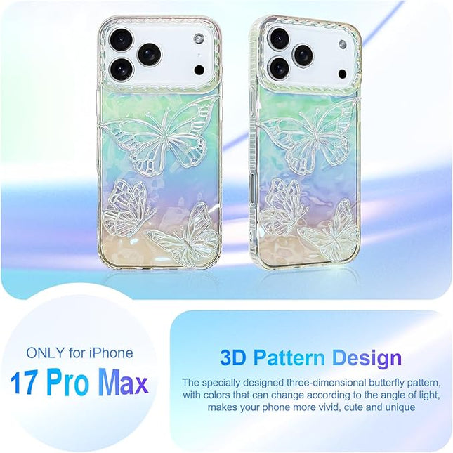Cute Case for iPhone 17 Pro Max Case for Women Girls, with 3D Butterflies Pattern Design, Aesthetic Clear Iridescent Glitter Kawaii Girly Rainbow Protective Phone Cover