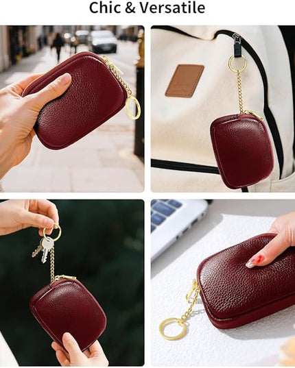 ZYLOXAR Genuine Leather Wallet Small Change Purse Keychain Mini Zipper Coin Pouch for Women (Red)