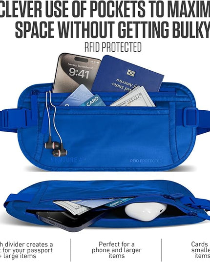 VENTURE 4TH Money Belt for Travel – Hidden Under-Clothes RFID Blocking Passport Holder & Slim Travel Wallet Pouch for Men & Women to Protect Cash, Cards & Documents (Sleek Blue)