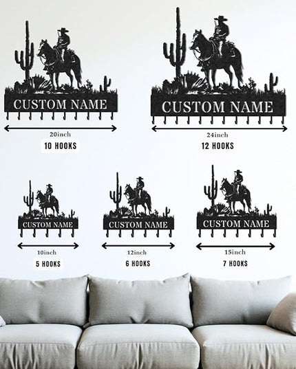 LOWACOS Personalized Key Holder for Wall, Custom Metal Cowboy Key Hooks with Name, Meta Jacket Holder Hooks Organizer Rack, Jacket Hanger Decor for Kitchen, Entryway, Hallway, Office, Doorway
