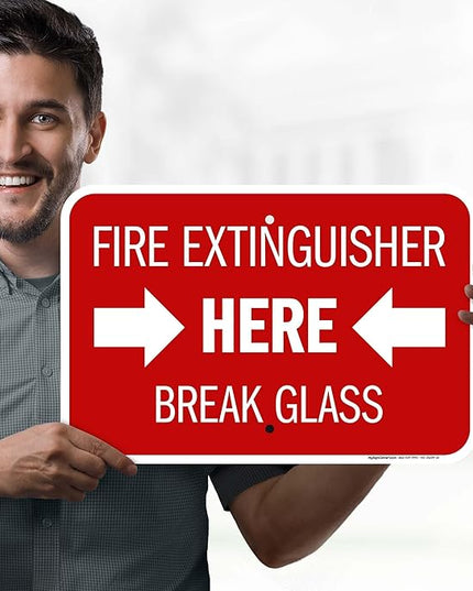 Fire Extinguisher Here Break Glass Sign, 12x18 Inches, Rust Free .063 Aluminum, Fade Resistant, Made in USA by My Sign Center