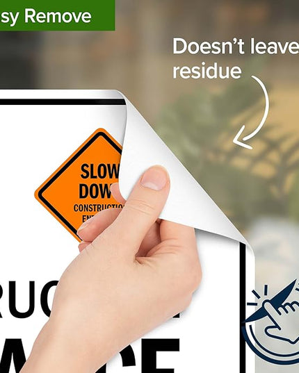Slow Down Construction Entrance Ahead With Left Arrow Sign, 10x7 Inches, 4 Mil Vinyl Decal Stickers Weather Resistant, Made in USA by My Sign Center