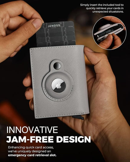 Jenoss Smart AirTag Wallet for Men & Women: Full Grain Leather, Handcrafted, Pop Up Case, Slim, RFID Blocking, Credit Card Holder, Apple Air Tag Tracker Minimalist 9-12 Slot | ID & Cash (Black& Grey)