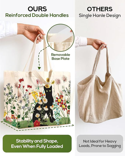Large Canvas Grocery Tote Bag - Reusable Extra Large Shopping Shoulder Bags with 6 Inner Pockets & 2 Handle Strap