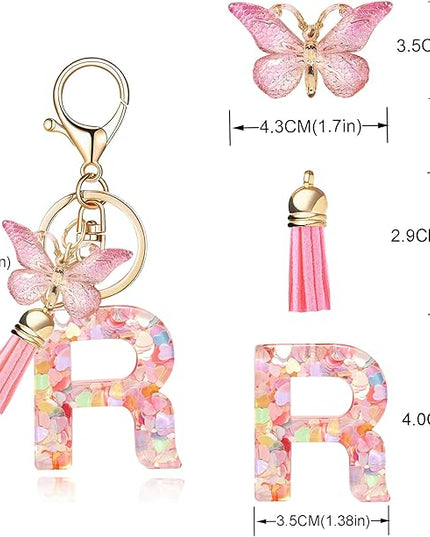 Fashion Alphabet Initial Letter Keychain Tassel Butterfly Pendant Key Ring for Purse Handbags Women Girl