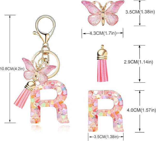 Fashion Alphabet Initial Letter Keychain Tassel Butterfly Pendant Key Ring for Purse Handbags Women Girl