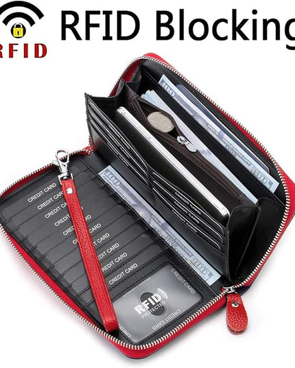 Moflycom Womens Wallet RFID Blocking Genuine Leather Multi Credit Card Large Capacity Zip Around Clutch Travel Purse Wristlet