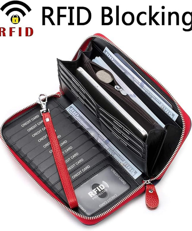 Moflycom Womens Wallet RFID Blocking Genuine Leather Multi Credit Card Large Capacity Zip Around Clutch Travel Purse Wristlet