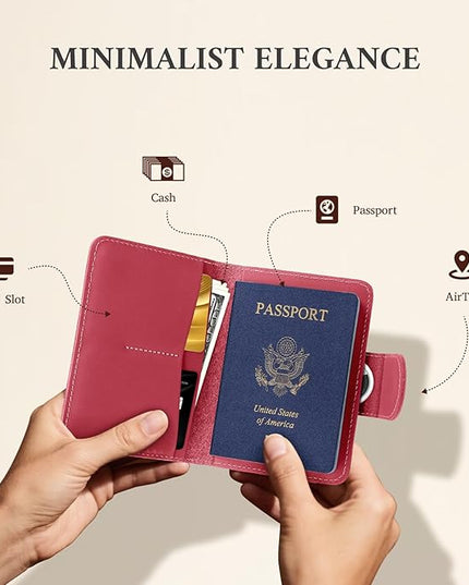 ALLIVE Rfid Passport Holder for Travel Women, Rfid Passport Cover Wallet, Genuine Leather Passport Holder for Travel with AirTag Hidden, Airport Essentials, Travel Gifts (Rose Pink)