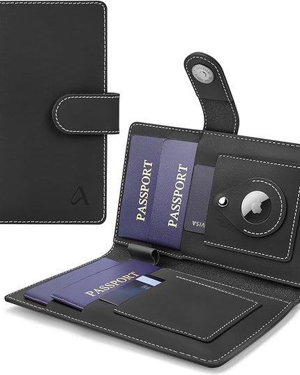 ALLIVE Passport Holder for Travel Family, Genuine Leather Passport Wallet with AirTag Slot, RFID Blocking Travel Document Organizer for Women & Men, Airport Essentials, Family Travel Gift (Black)