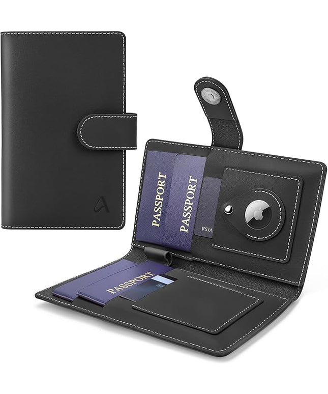 ALLIVE Passport Holder for Travel Family, Genuine Leather Passport Wallet with AirTag Slot, RFID Blocking Travel Document Organizer for Women & Men, Airport Essentials, Family Travel Gift (Black)