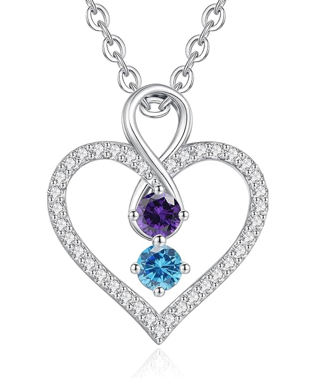 LOUISA SECRET Infinity Double Birthstone Necklace, 925 Sterling Silver Tiny Pendant Heart Necklace for Women Wife Her, Best Jewelry Gift Heart Jewelry Meaningful Gift for Valentine's Day, Christmas, Birthday Anniversary