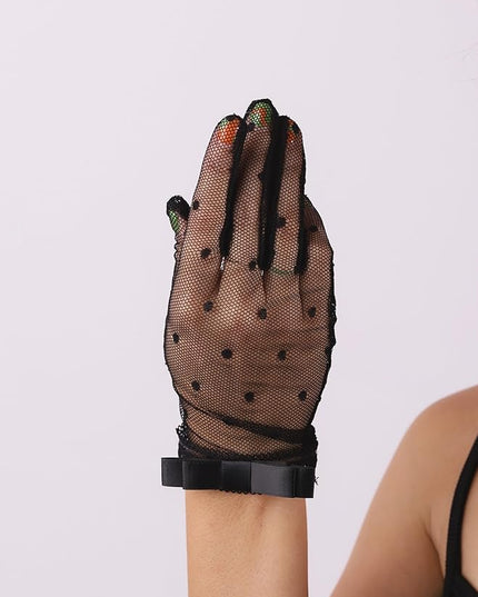 Sacina Goth Black Mesh Lace Bow Gloves, Gothic Y2k Lolita Vintage Costume Accessories
