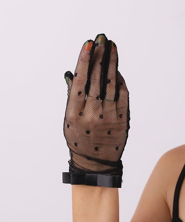 Sacina Goth Black Mesh Lace Bow Gloves, Gothic Y2k Lolita Vintage Costume Accessories