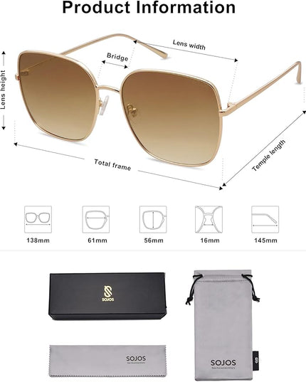 SOJOS Trendy Oversized Square Metal Frame Sunglasses for Women Men Retro Big Flat Lens UV Protection Sunglasses SJ1146