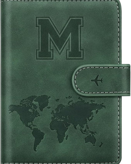 Personalized M Passport Holder Cover Initial Letter Travel Wallet RFID Blocking Passport Cover Credit Card Holder Case Passport Book Holders for Women and Men, Pine Green-M