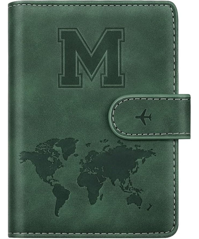 Personalized M Passport Holder Cover Initial Letter Travel Wallet RFID Blocking Passport Cover Credit Card Holder Case Passport Book Holders for Women and Men, Pine Green-M