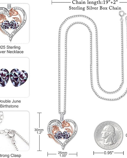 Iefil Christmas Gifts for Women Wife - 925 Sterling Silver Rose Heart Birthstone Necklace Birthday Anniversary Jewelry Gifts for Her Wife Mom Daughter