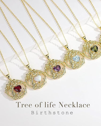 FANCIME Tree of life Birthstone necklace Sterling Silver Pendant Birthstone Necklace Gemstone Anniversary Birthday Jewelry Christmas Gifts for Mom Her Wife
