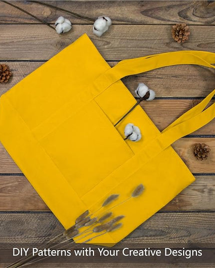 TOPDesign 3-Pack Canvas Tote Bags with an External Pocket, Reusable Grocery Shopping Bags, Top Zipper Closure, Daily Essentials (Yellow)