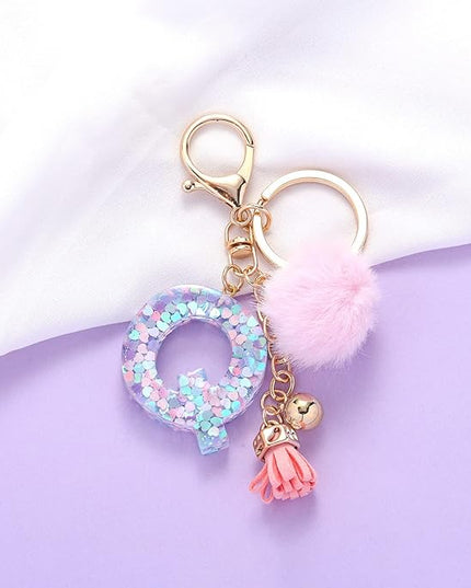 Resin Alphabet Initial Letter Keychain Keyring for Women Purse Handbags With Fur Ball Pom