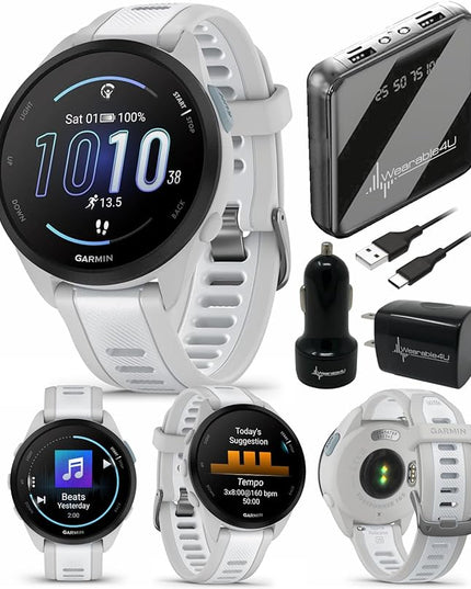 Wearable4U Garmin Forerunner 165 Music Running Smartwatch, Colorful AMOLED Touchscreen, Training Metrics and Recovery Insights Includes PowerPack +Adapters Bundle, Mist Gray/Whitestone