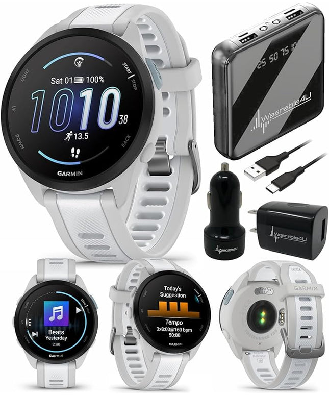 Wearable4U Garmin Forerunner 165 Music Running Smartwatch, Colorful AMOLED Touchscreen, Training Metrics and Recovery Insights Includes PowerPack +Adapters Bundle, Mist Gray/Whitestone