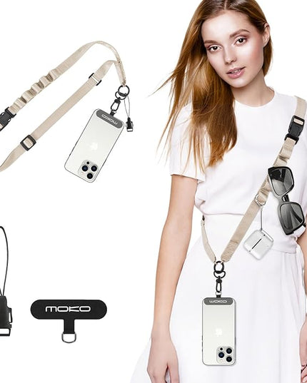 MoKo Universal Phone Lanyard, Nylon Adjustable Cell Phone Crossbody Strap Detachable Women & Men Cellphone Lanyards Around the Neck with Patches for iPhone, Most Smartphones, Light Khaki