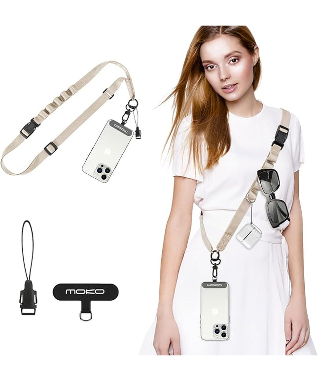 MoKo Universal Phone Lanyard, Nylon Adjustable Cell Phone Crossbody Strap Detachable Women & Men Cellphone Lanyards Around the Neck with Patches for iPhone, Most Smartphones, Light Khaki