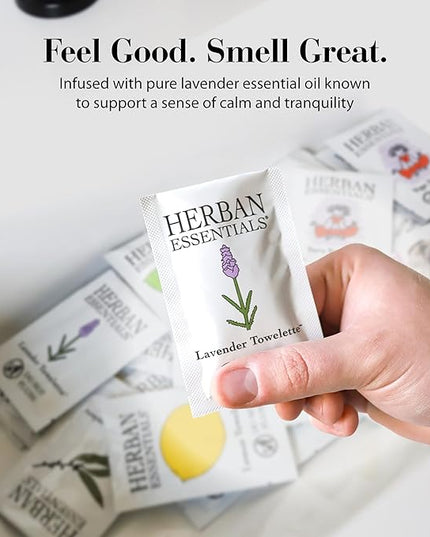 Herban Essentials - Lavender Wipes & Towelettes - Essential Oil Wipes for Make Up, Hands, Face & Body - Travel Size Essentials and Toiletries - Natural, Individually Wrapped and Disposable - 7 Count