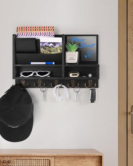 ClyraStor Key Holder Wall Mount, Mail Organizer Wall Mounted, Solid Wood Key Holder for Wall Living Room Entryway Home Decor, with 10 Key Hooks, Shelf, Marker Pen, 15.7" x 10.2" x 2.8"