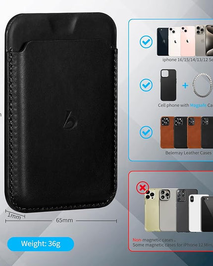 Belemay Strong Magnetic Wallet Compatible with Magsafe, Luxury Minimal Card Holder for 1-2 Cards, Premium Full-grain Smooth Leather Compatible with iPhone 17/16/15/14/13/12 series&MagSafe cases, Black