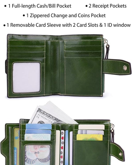 AINIMOER Women's RFID Blocking Leather Small Compact Bi-fold Zipper Pocket Wallet Card Case Purse with id Window