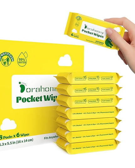 Unscented Travel Wet Wipes, 99% Purified Water Mini Wipes for Sensitive Skin, Hypoallergenic & Plastic-Free Pocket Wipes, 48 Count (8 Packs of 6)