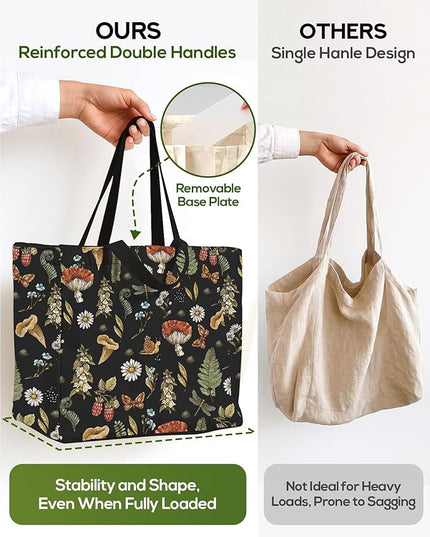 Large Canvas Grocery Tote Bag - Reusable Extra Large Shopping Shoulder Bags with 6 Inner Pockets & 2 Handle Strap