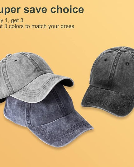 MEINICY 3 Packs Washed-Cotton Plain Baseball Cap, Vintage Adjustable Dad Hats Gift for Men/Women,Unstructured
