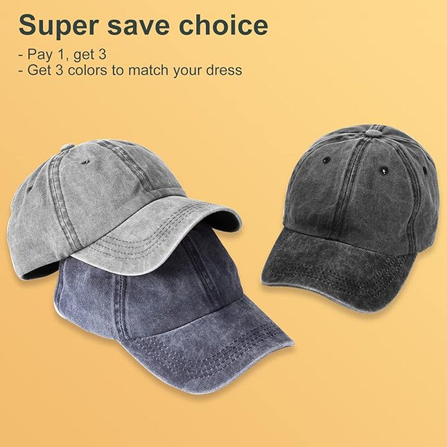 MEINICY 3 Packs Washed-Cotton Plain Baseball Cap, Vintage Adjustable Dad Hats Gift for Men/Women,Unstructured