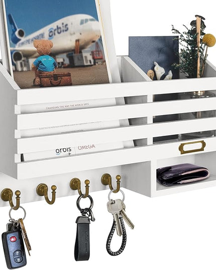FifthQuarter Key Holder for Wall: Easy Mounted Key Rack and Mail Organizer with Store Shelf and Four Sturdy Keys Hooks Decor in Kitchen|Farmhouse|Entryway|Mudroom (White)