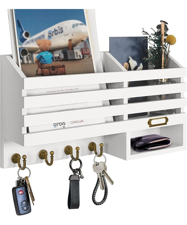 FifthQuarter Key Holder for Wall: Easy Mounted Key Rack and Mail Organizer with Store Shelf and Four Sturdy Keys Hooks Decor in Kitchen|Farmhouse|Entryway|Mudroom (White)