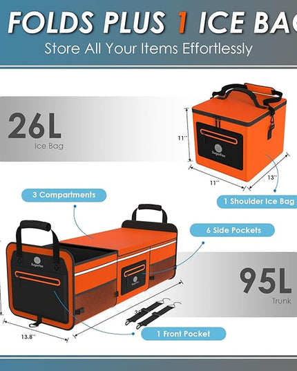 95L Car Trunk Organizer & Storage With 26L Ice Pack, Waterproof Foldable | Trunk Organizers for SUVs & Cars, Car Storage Organizer, Great Gift for Drivers (Orange-M004)