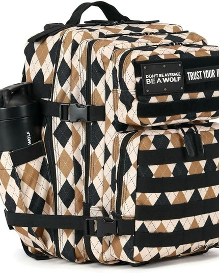 WOLFpak 35L Athletic Gym Backpack - Durable 1000D Waterproof Oxford Material with MOLLE Webbing, Laptop Pocket & Dual Cup Holders, Durable Fitness/Travel/Military Daypack (Argyle Print)